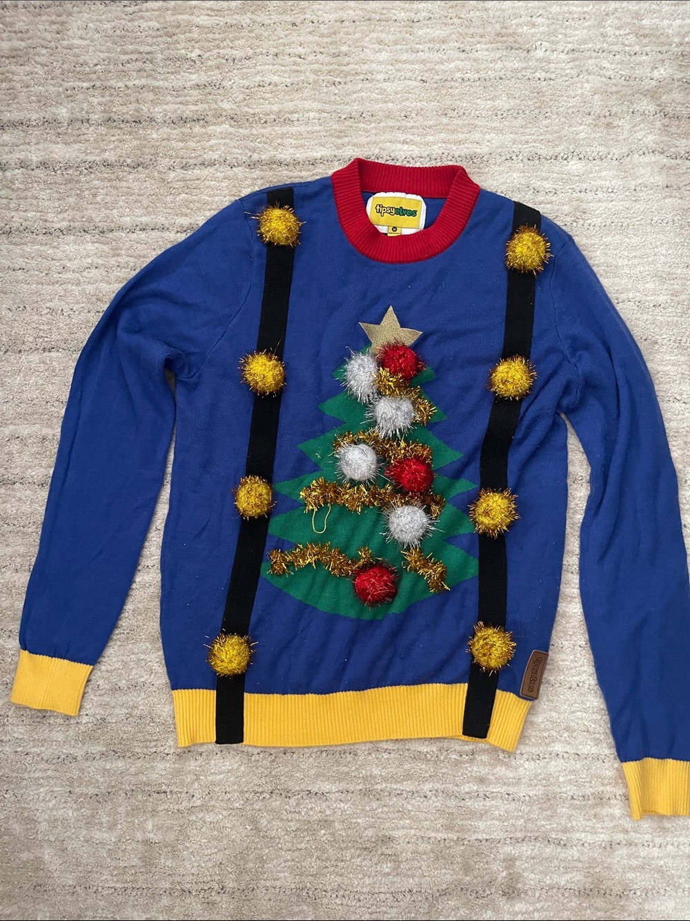 Tipsy Elves Blue Crewneck Sweater with Holiday Tree & Pom-Poms